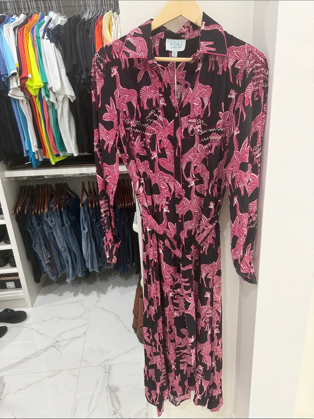 TAJ by Sabrina Crippa Black Dress with Pink Animal Print - Long Sleeve Midi